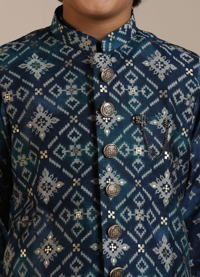 alt message - Manyavar Boys Boys Teal Blue Diamond Patterned Jacket Set image number 1